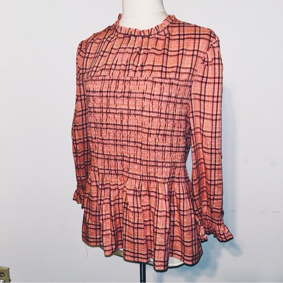 Cato Tops - Fall Orange Plaid Shimmer High Neck Smocked Peplum Top Cato NEW